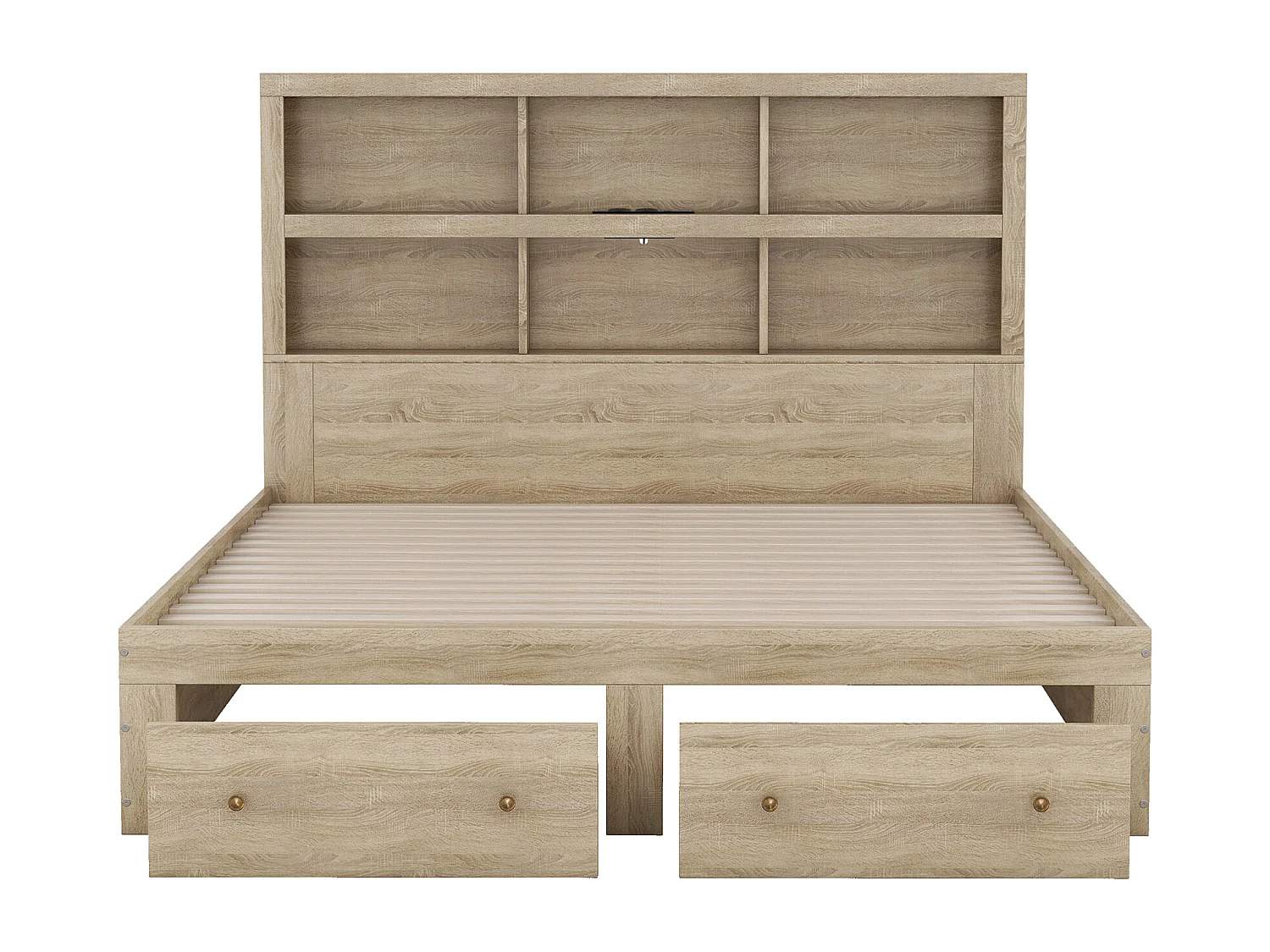 Lit adulte 160x200 cm lit double avec 2 tiroirs et chevet de rangement - couleur naturel - sans matelas