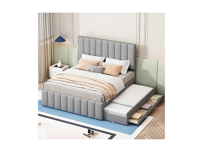 Ausziehbett 140 x 200 cm – Polsterbett mit Schubladen und Lattenrost – Leinenstoff – Grau – Ohne Matratze