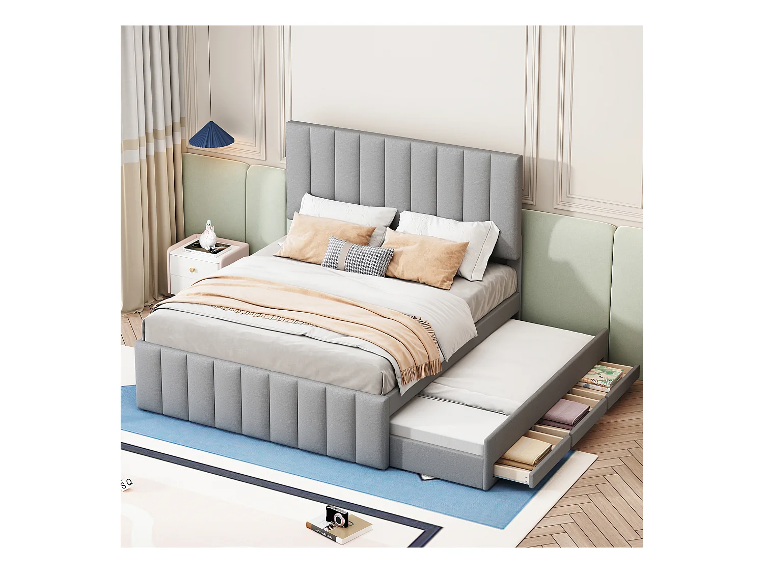 Lit adulte 140 x 200 cm lit double avec lit gigogne, tiroirs et sommier à lattes - tissu en lin gris - sans matelas