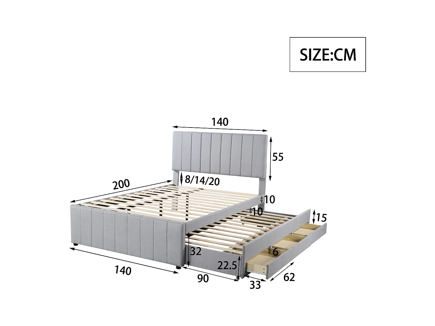 Uitschuifbed 140x200 cm - Gestoffeerd bed met lades en lattenbodem - Linnen stof - Grijs - Zonder matras