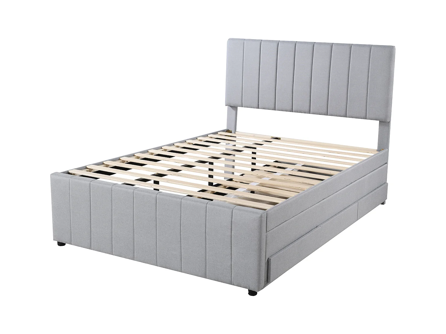 Uitschuifbed 140x200 cm - Gestoffeerd bed met lades en lattenbodem - Linnen stof - Grijs - Zonder matras