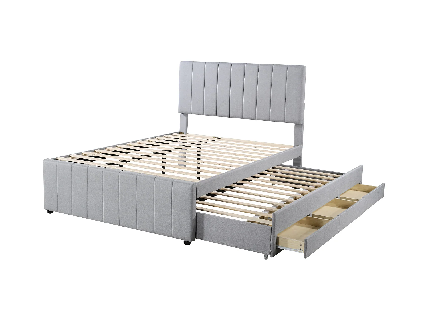 Uitschuifbed 140x200 cm - Gestoffeerd bed met lades en lattenbodem - Linnen stof - Grijs - Zonder matras