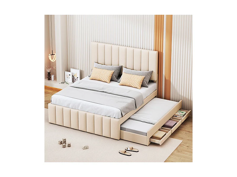 Ausziehbett 140 x 200 cm – Polsterbett mit Schubladen und Lattenrost – Leinenstoff – Beige – Ohne Matratze