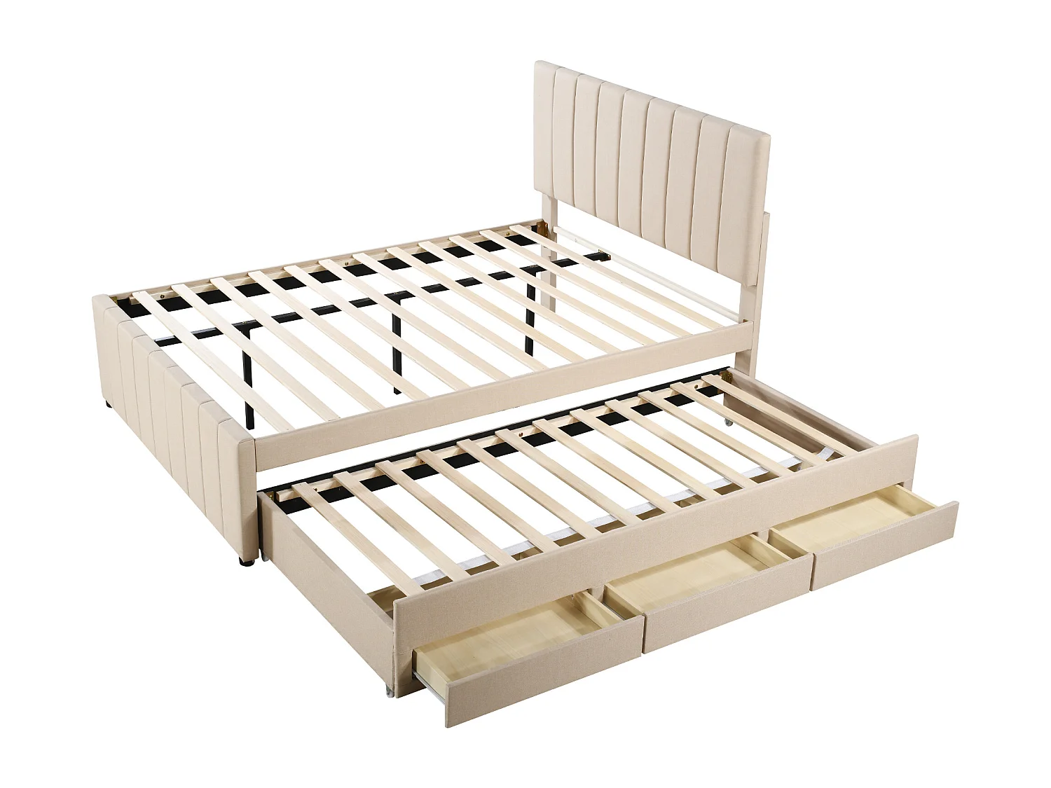 Lit adulte 140 x 200 cm lit double avec lit gigogne, tiroirs et sommier à lattes - tissu en lin beige - sans matelas