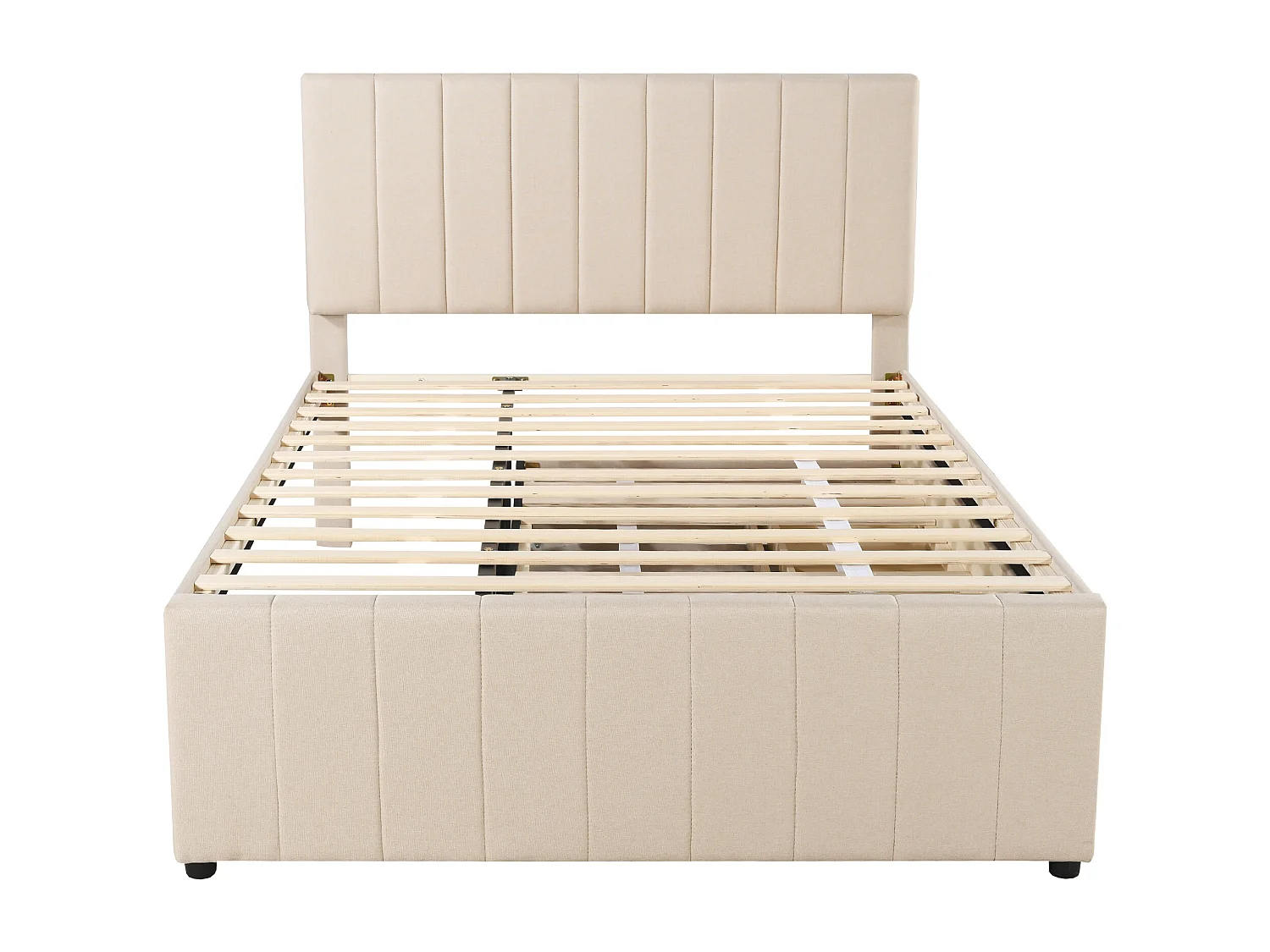 Lit adulte 140 x 200 cm lit double avec lit gigogne, tiroirs et sommier à lattes - tissu en lin beige - sans matelas