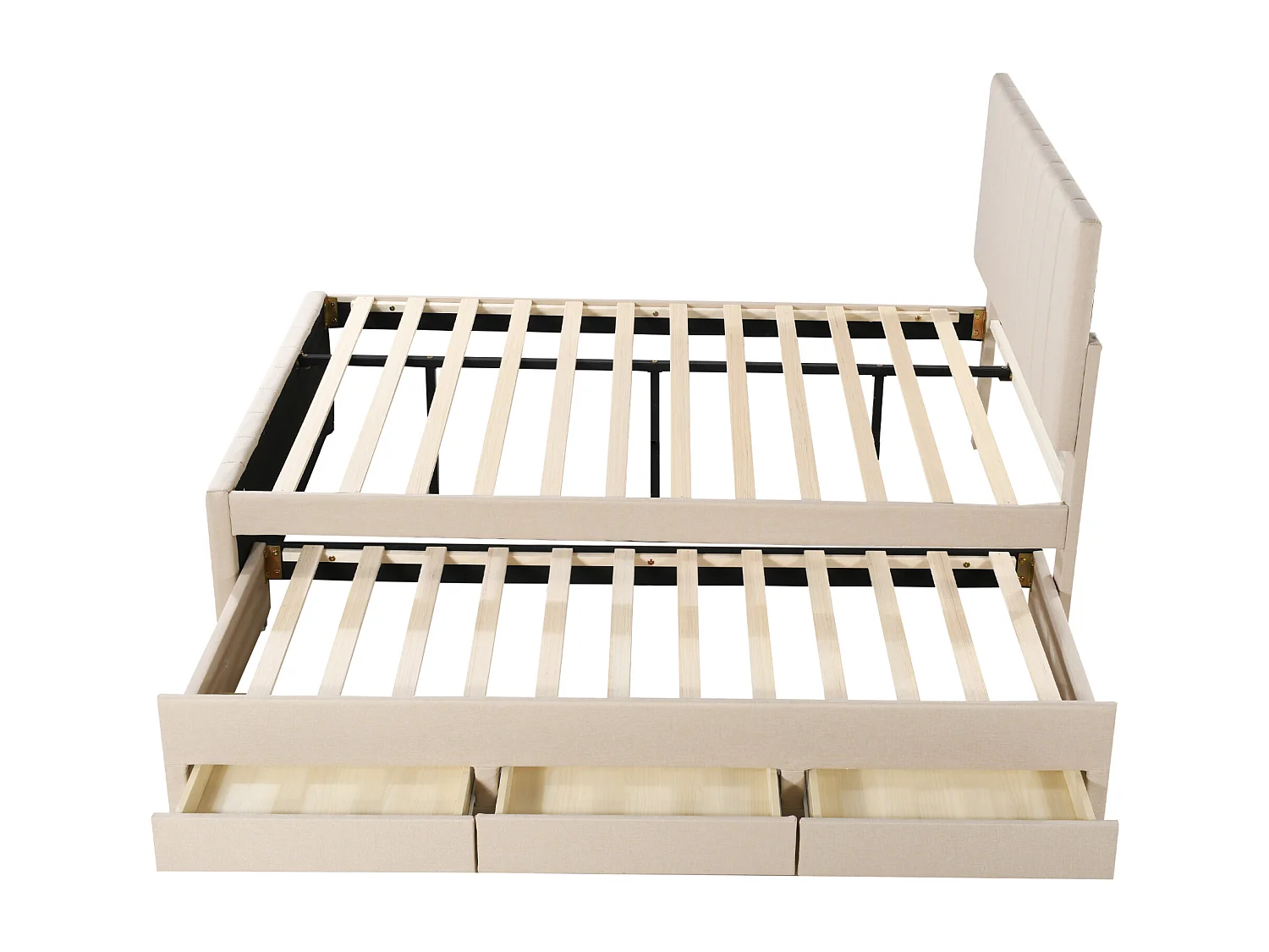 Lit adulte 140 x 200 cm lit double avec lit gigogne, tiroirs et sommier à lattes - tissu en lin beige - sans matelas