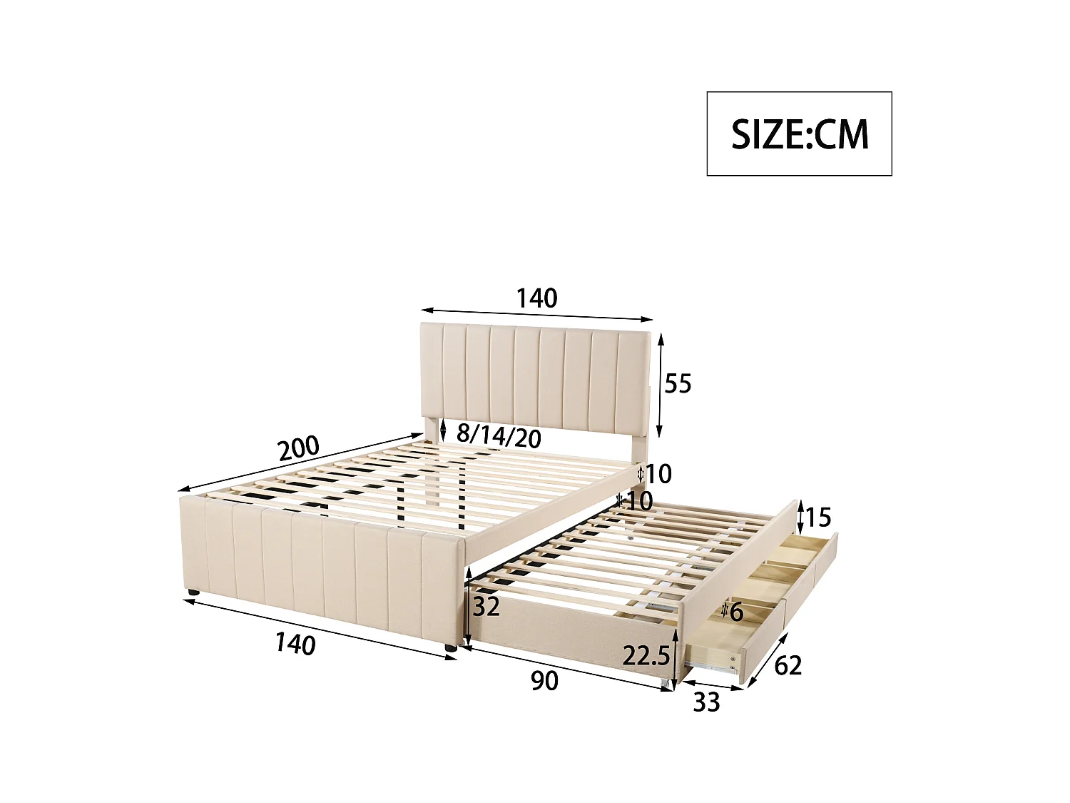 Uitschuifbed 140x200 cm - Gestoffeerd bed met lades en lattenbodem - Linnen stof - Beige - Zonder matras