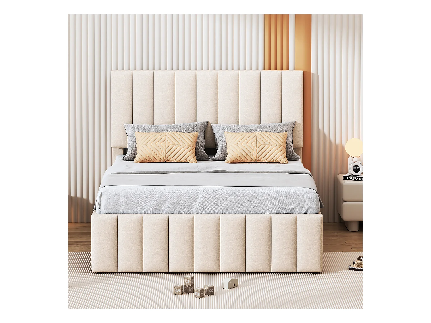Uitschuifbed 140x200 cm - Gestoffeerd bed met lades en lattenbodem - Linnen stof - Beige - Zonder matras