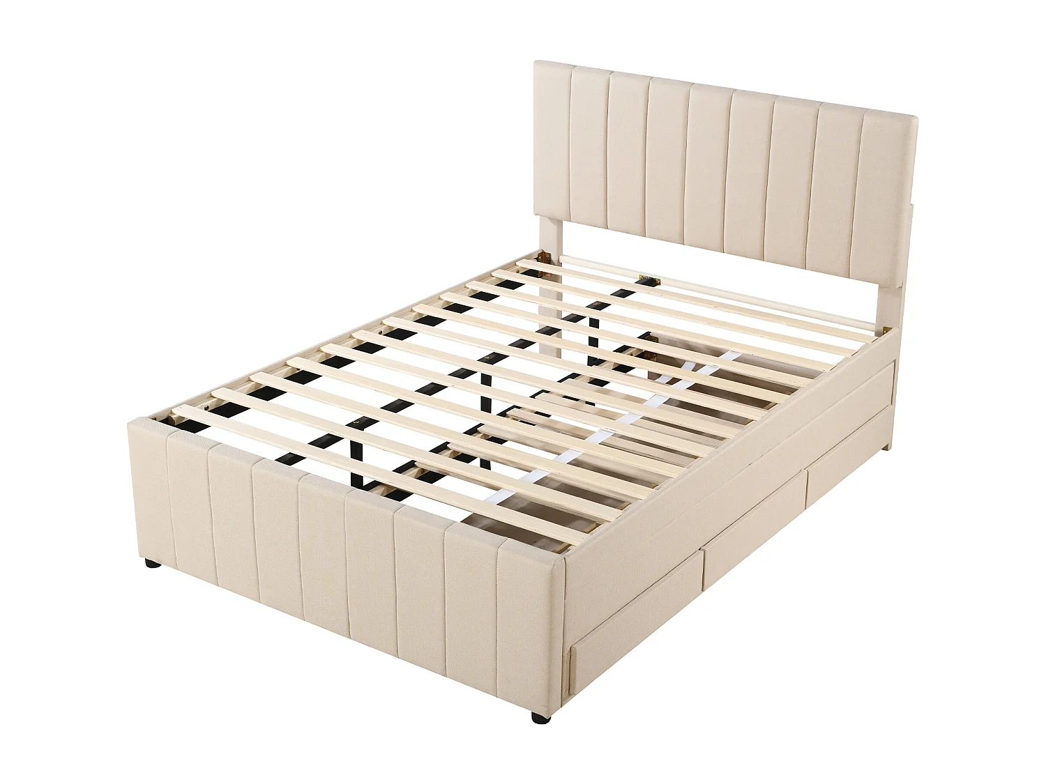 Uitschuifbed 140x200 cm - Gestoffeerd bed met lades en lattenbodem - Linnen stof - Beige - Zonder matras