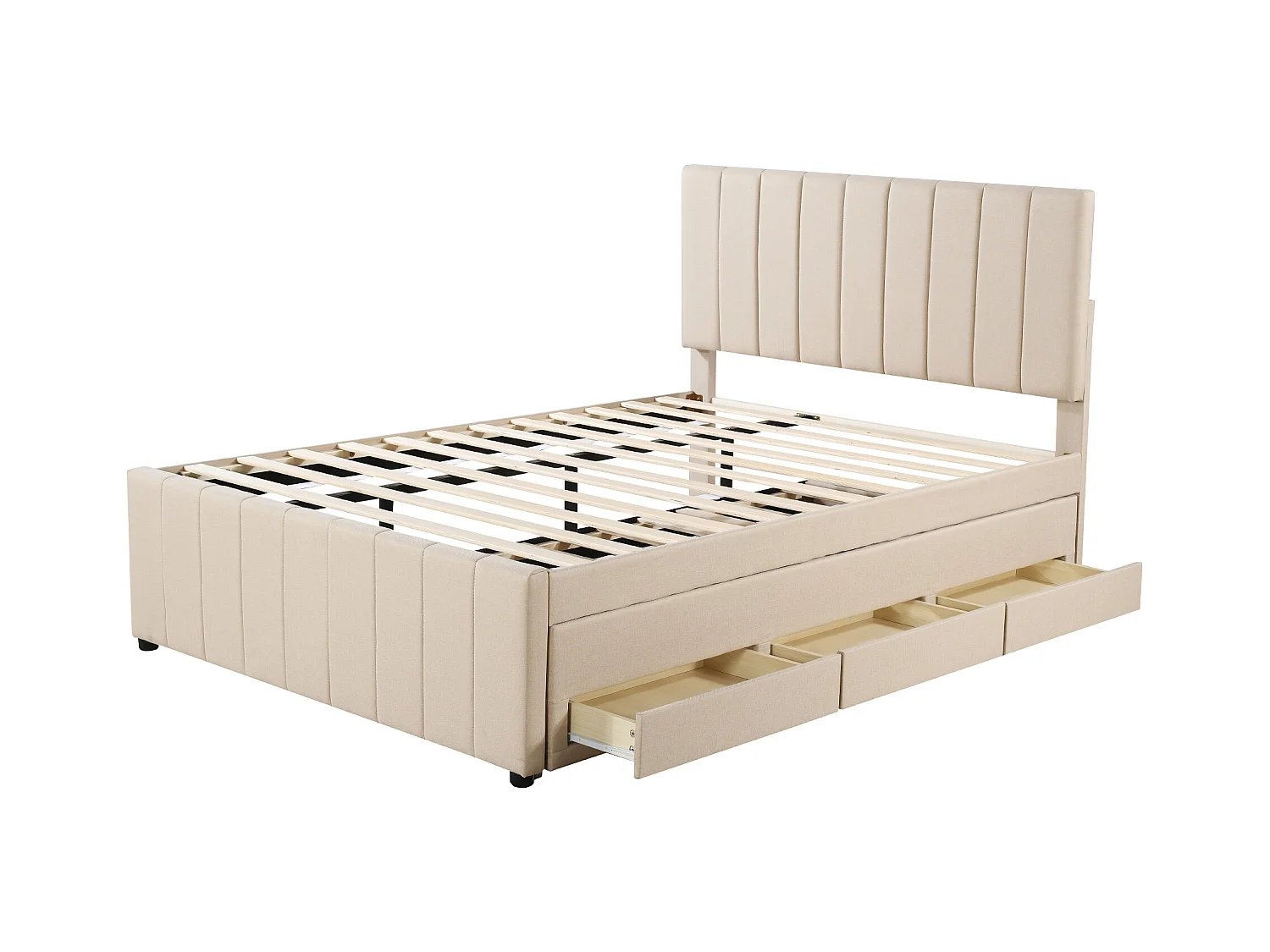 Uitschuifbed 140x200 cm - Gestoffeerd bed met lades en lattenbodem - Linnen stof - Beige - Zonder matras