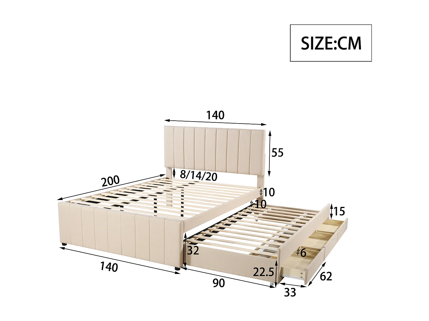 Łóżko wysuwane 140x200 cm - Tapicerowane łóżko z szufladami i stelażem - Tkanina lniana - Beżowy - Bez materaca