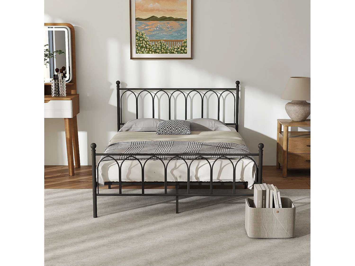Uitschuifbed 140x200 cm - Gestoffeerd bed met lades en lattenbodem - Linnen stof - Beige - Zonder matras