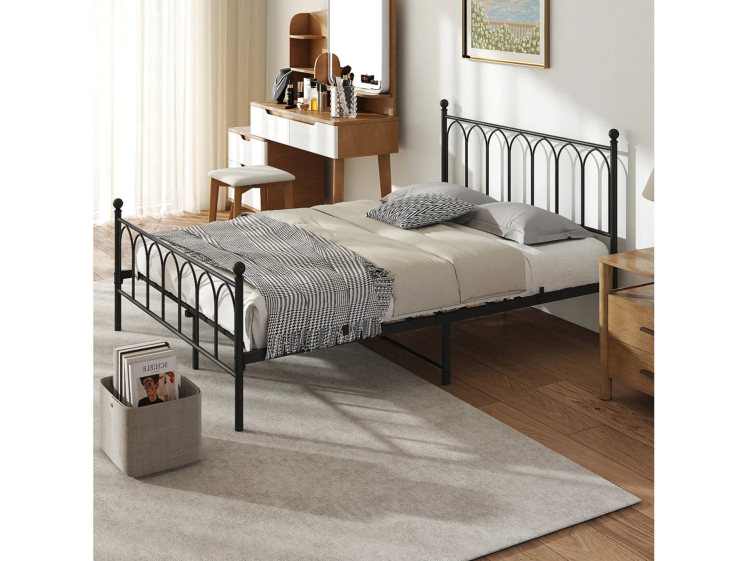 Uitschuifbed 140x200 cm - Gestoffeerd bed met lades en lattenbodem - Linnen stof - Beige - Zonder matras