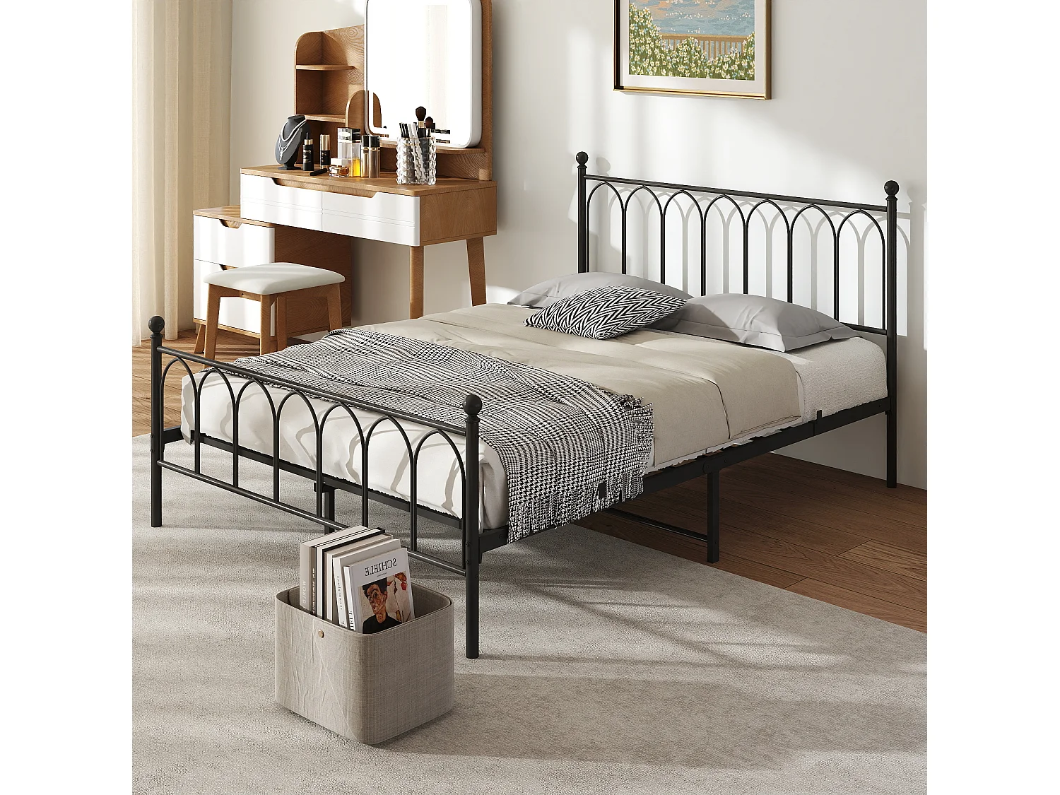 Uitschuifbed 140x200 cm - Gestoffeerd bed met lades en lattenbodem - Linnen stof - Beige - Zonder matras