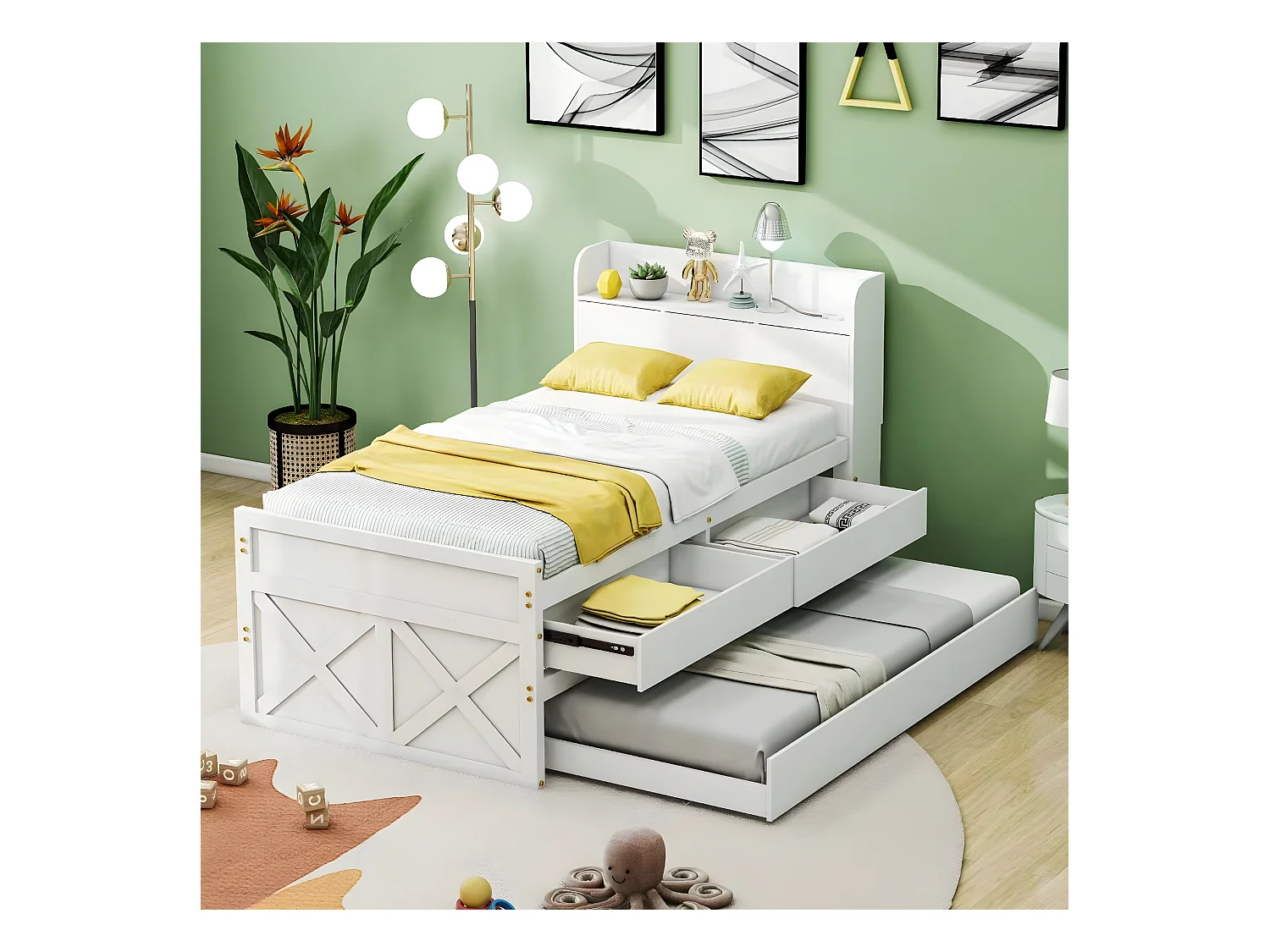 Lit enfant 90x190 cm lit simple avec lit gigogne, tiroirs et prise USB - bois massif - blanc - sans matelas