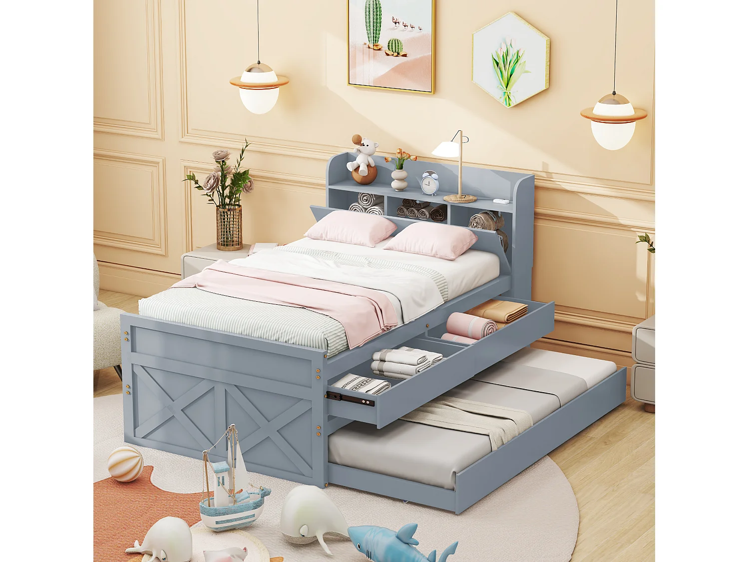 Lit enfant 90x190 cm - lit gigogne avec tiroirs et prise USB - bois massif - gris - sans matelas
