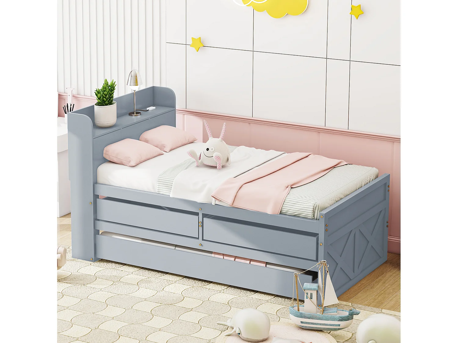 Lit enfant 90x190 cm - lit gigogne avec tiroirs et prise USB - bois massif - gris - sans matelas