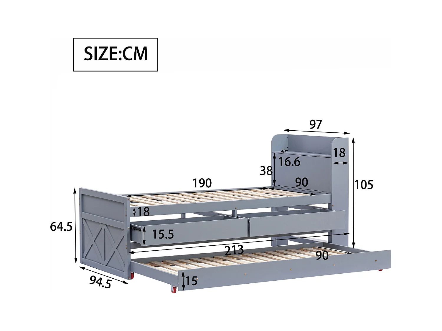Ausziehbett 90x190 cm - Grau - Einzelbett mit USB-Ladegerät - 2 Schubladen - ohne Matratze