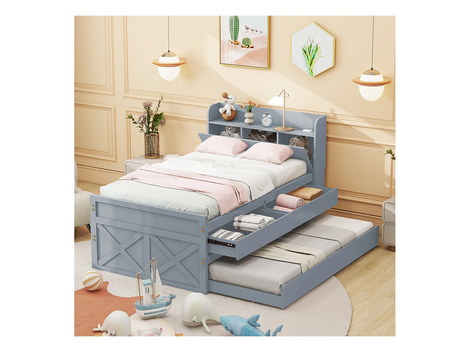 Ausziehbett 90x190 cm - Grau - Einzelbett mit USB-Ladegerät - 2 Schubladen - ohne Matratze