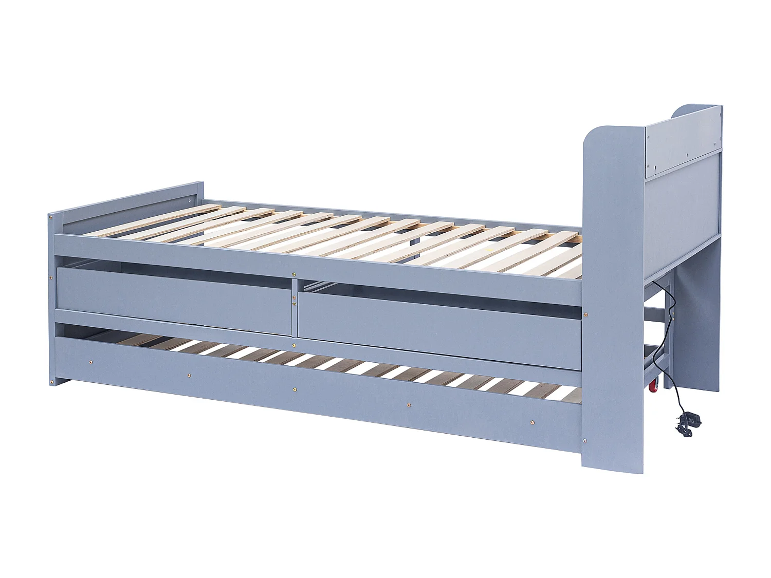 Ausziehbett 90x190 cm - Grau - Einzelbett mit USB-Ladegerät - 2 Schubladen - ohne Matratze