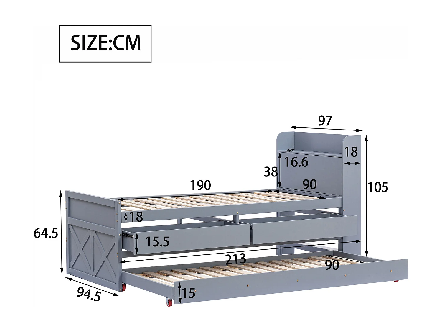 Ausziehbett 90x190 cm - Grau - Einzelbett mit USB-Ladegerät - 2 Schubladen - ohne Matratze
