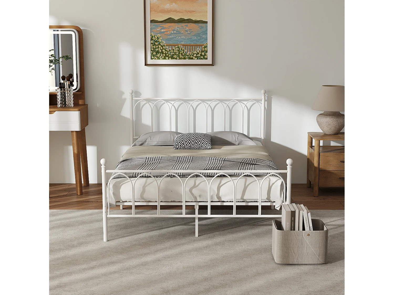 Lit adulte 140x200 cm, cadre de lit 140x200 cm en métal blanc avec sommier à lattes