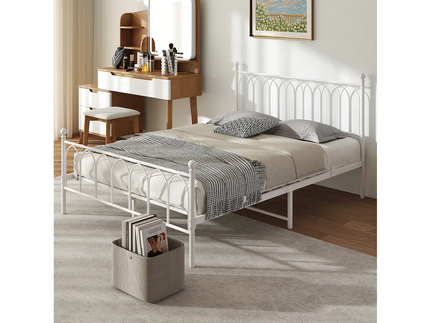 Lit adulte 140x200 cm, cadre de lit 140x200 cm en métal blanc avec sommier à lattes