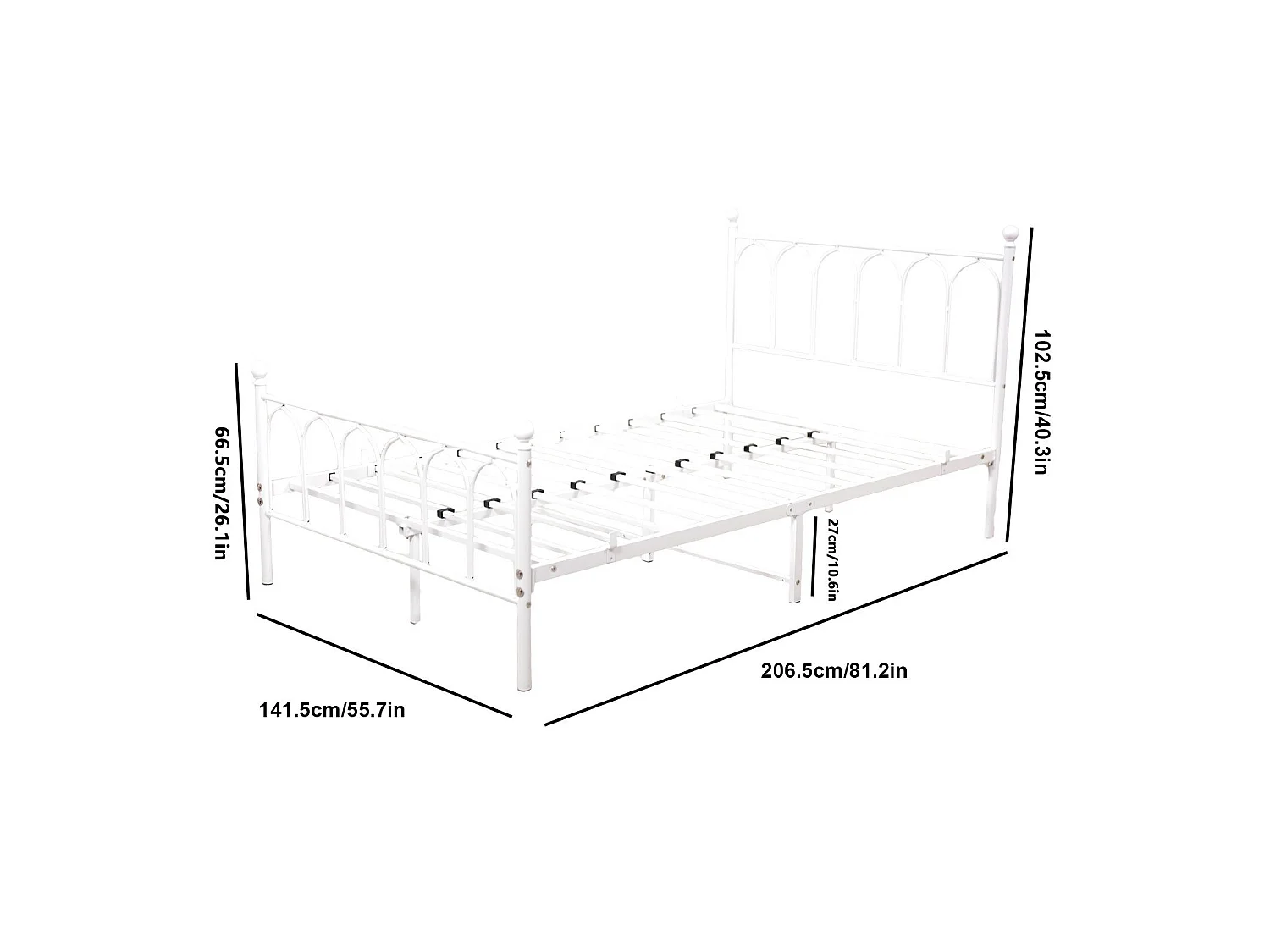Lit adulte 140x200 cm, cadre de lit 140x200 cm en métal blanc avec sommier à lattes