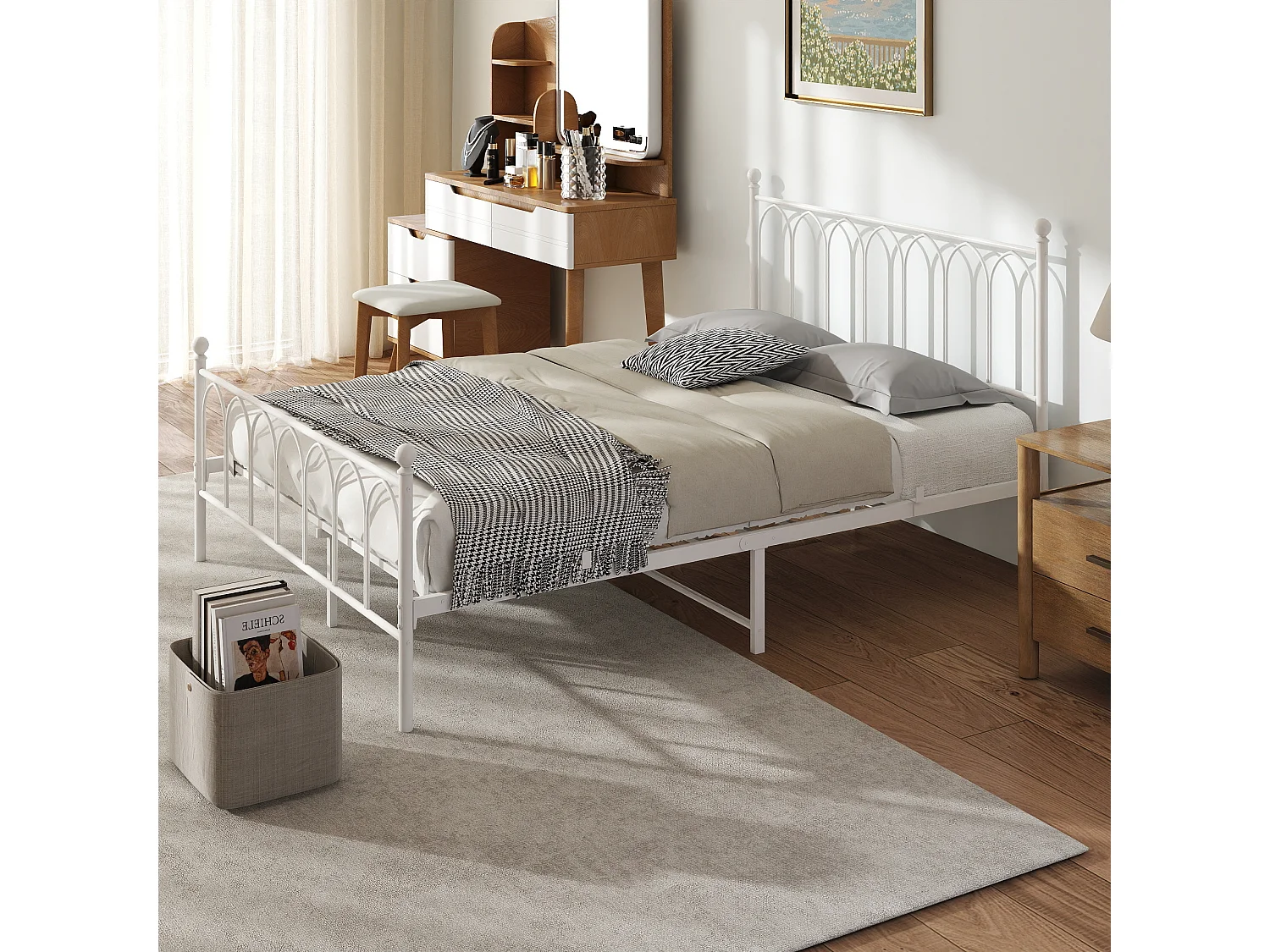 Lit adulte 140x200 cm, cadre de lit 140x200 cm en métal blanc avec sommier à lattes