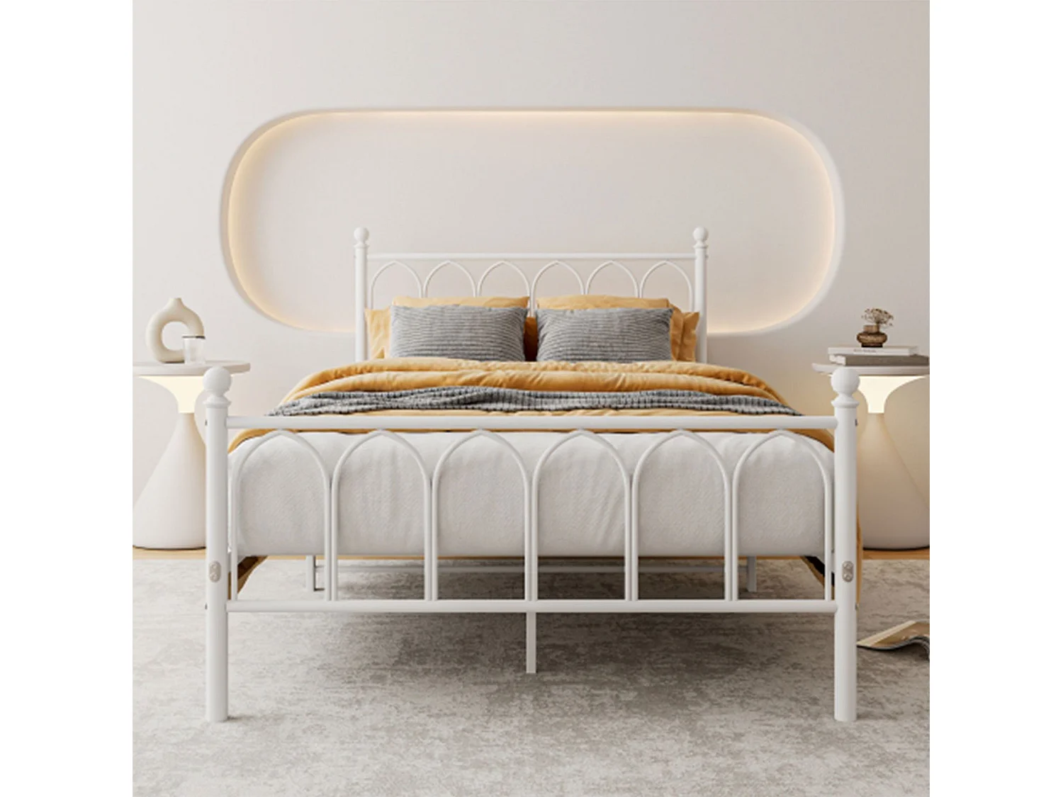 Lit adulte 140x200 cm, cadre de lit 140x200 cm en métal blanc avec sommier à lattes