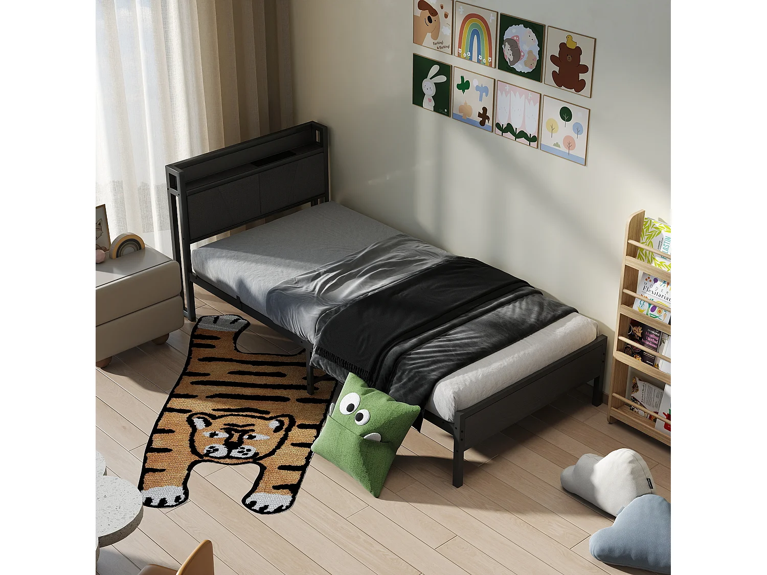 Lit adulte 90x200 cm, tête de lit avec rangement, structure en métal et MDF, noir
