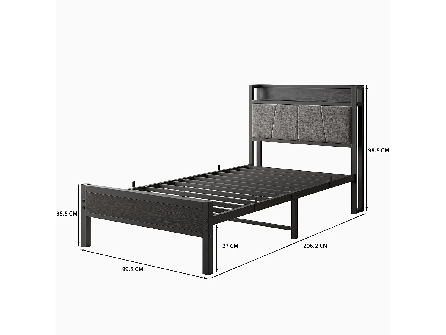 Lit adulte 90x200 cm, tête de lit avec rangement, structure en métal et MDF, noir