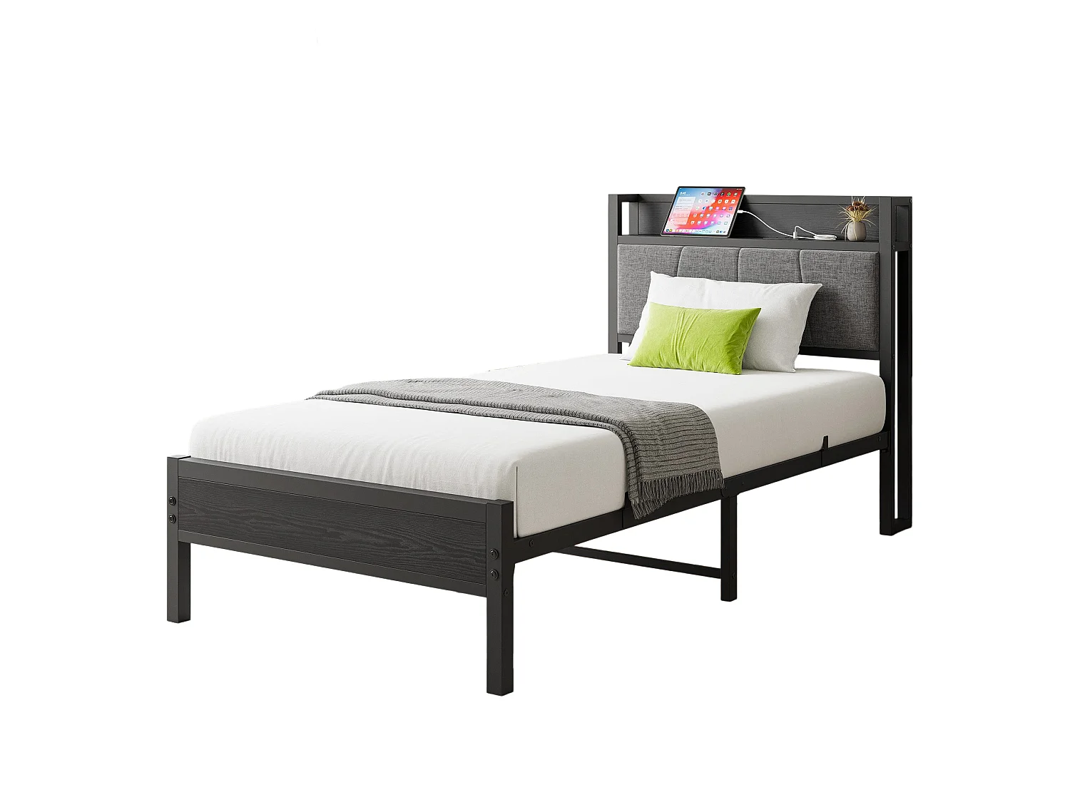 Lit adulte 90x200 cm, tête de lit avec rangement, structure en métal et MDF, noir