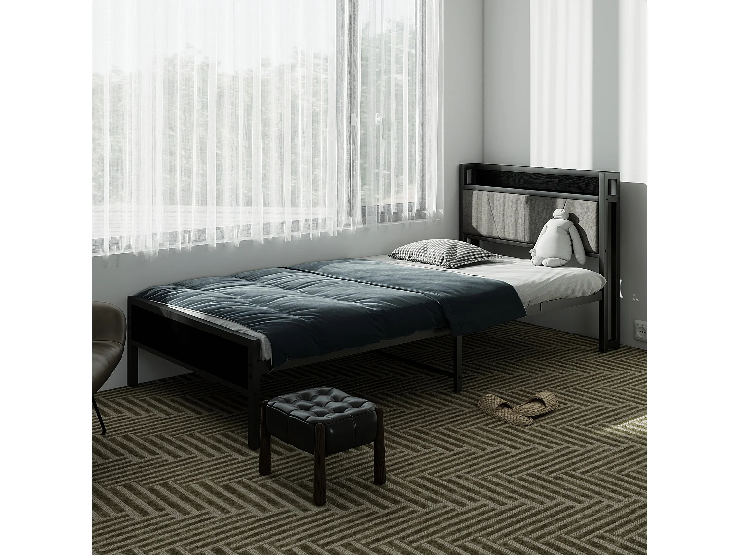 Lit adulte 90x200 cm, tête de lit avec rangement, structure en métal et MDF, noir