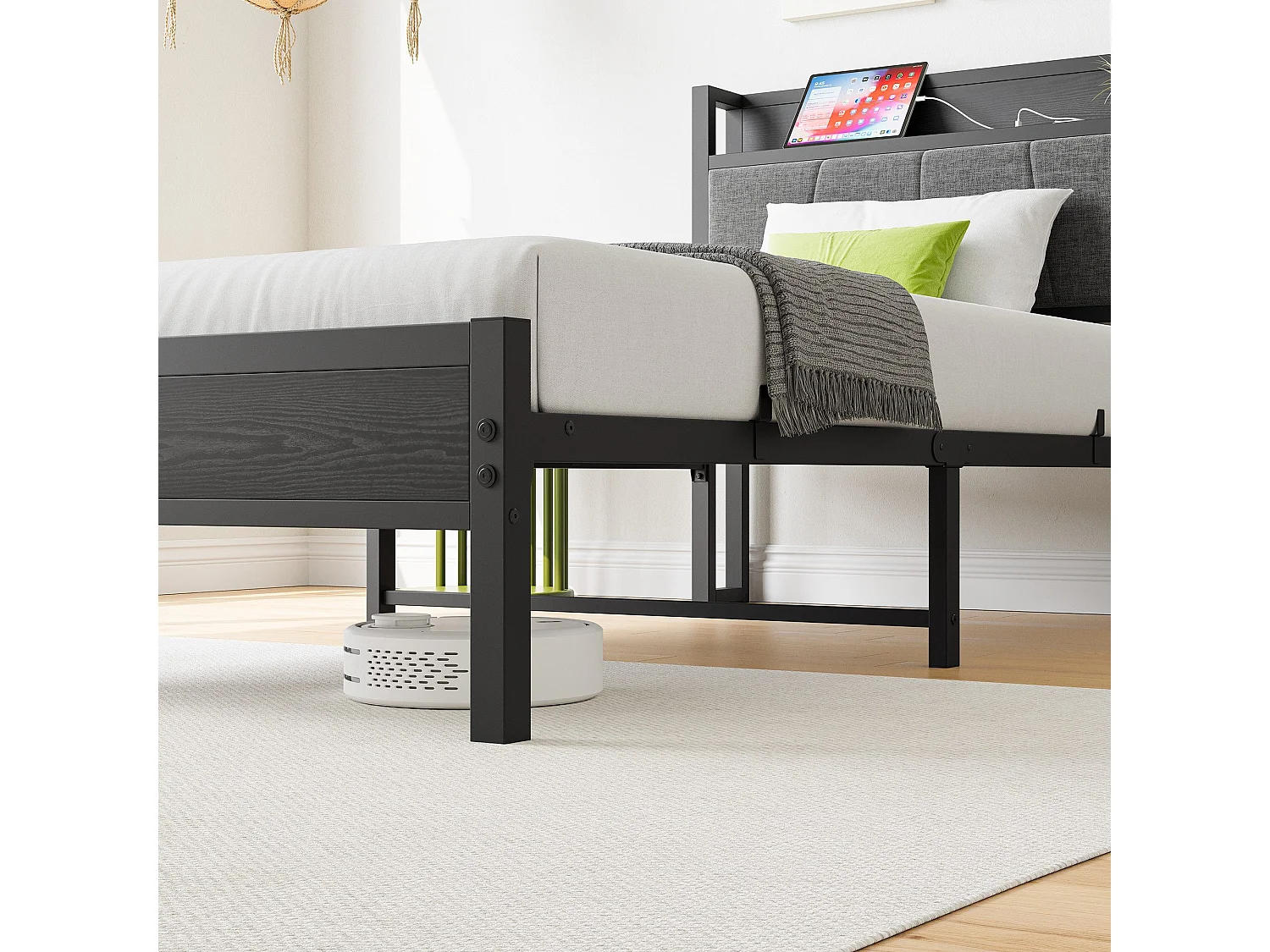 Lit adulte 90x200 cm, tête de lit avec rangement, structure en métal et MDF, noir