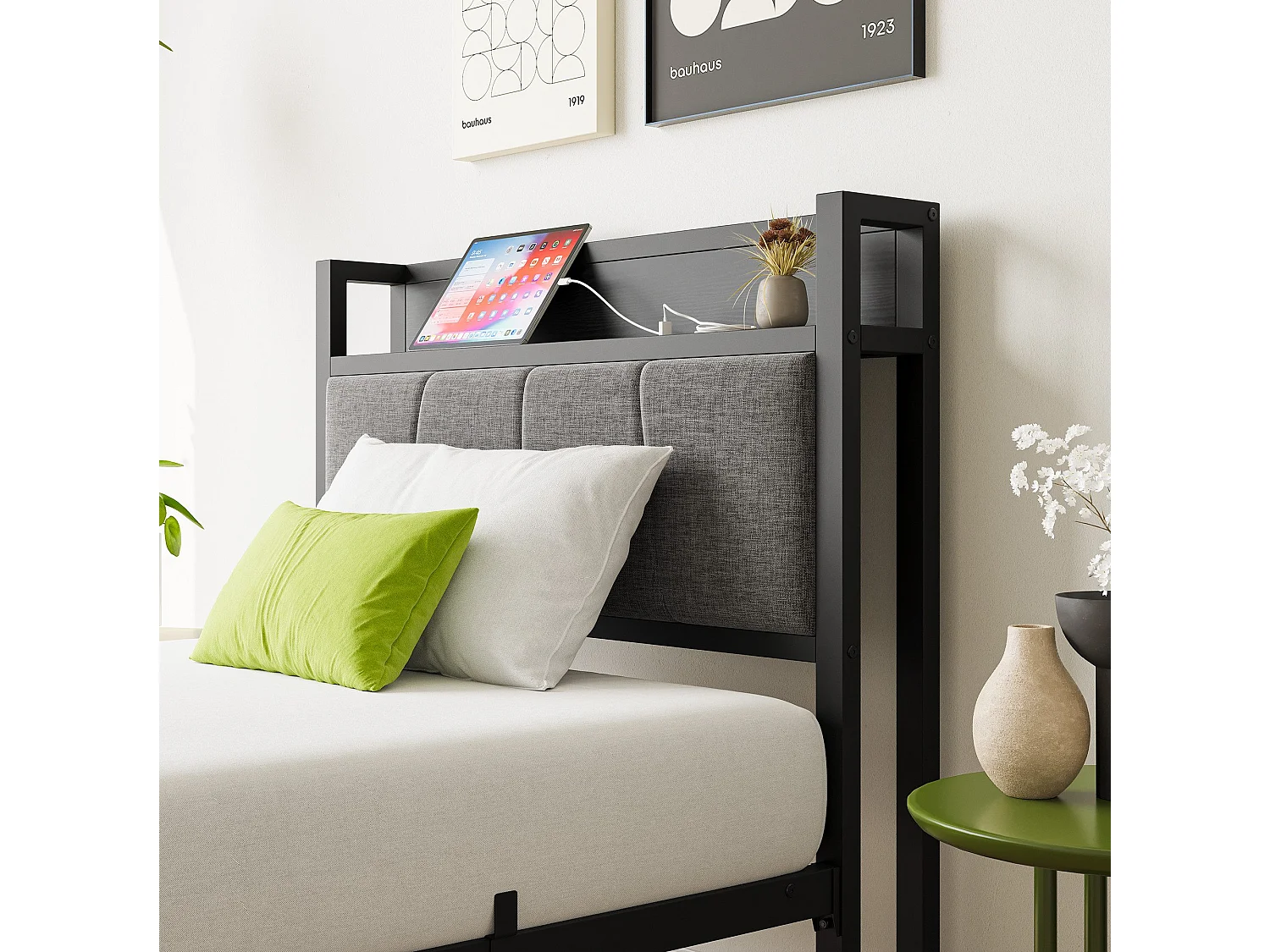 Lit adulte 90x200 cm, tête de lit avec rangement, structure en métal et MDF, noir