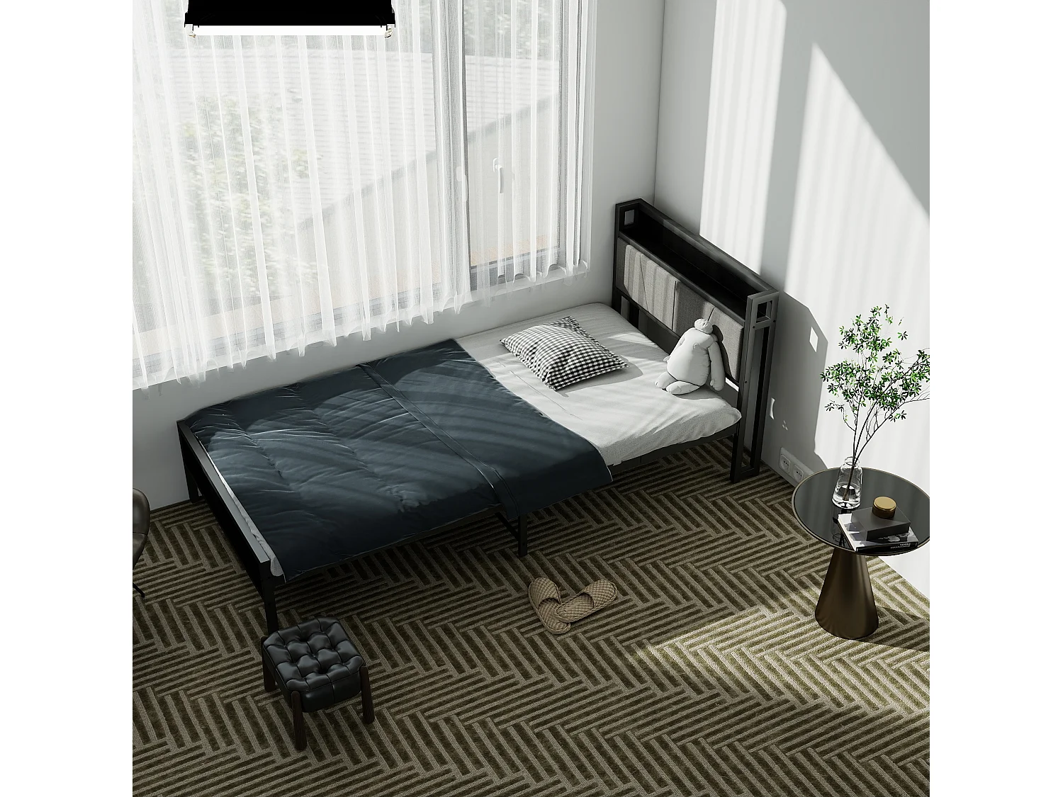 Lit adulte 90x200 cm, tête de lit avec rangement, structure en métal et MDF, noir