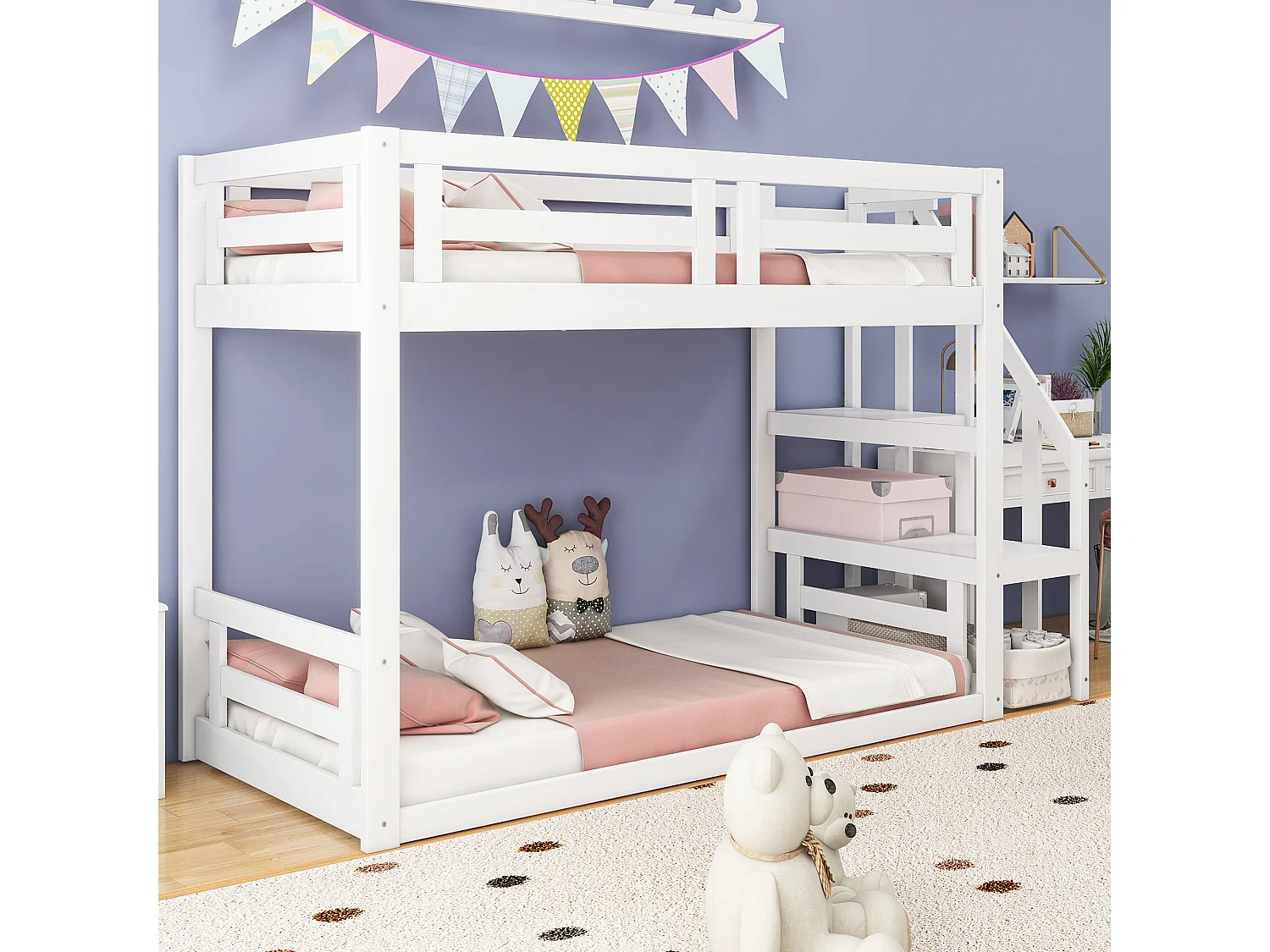 Lit superposé 90x200 cm lit enfant 2  places avec escalier et sommier à lattes - bois massif - blanc - sans matelas