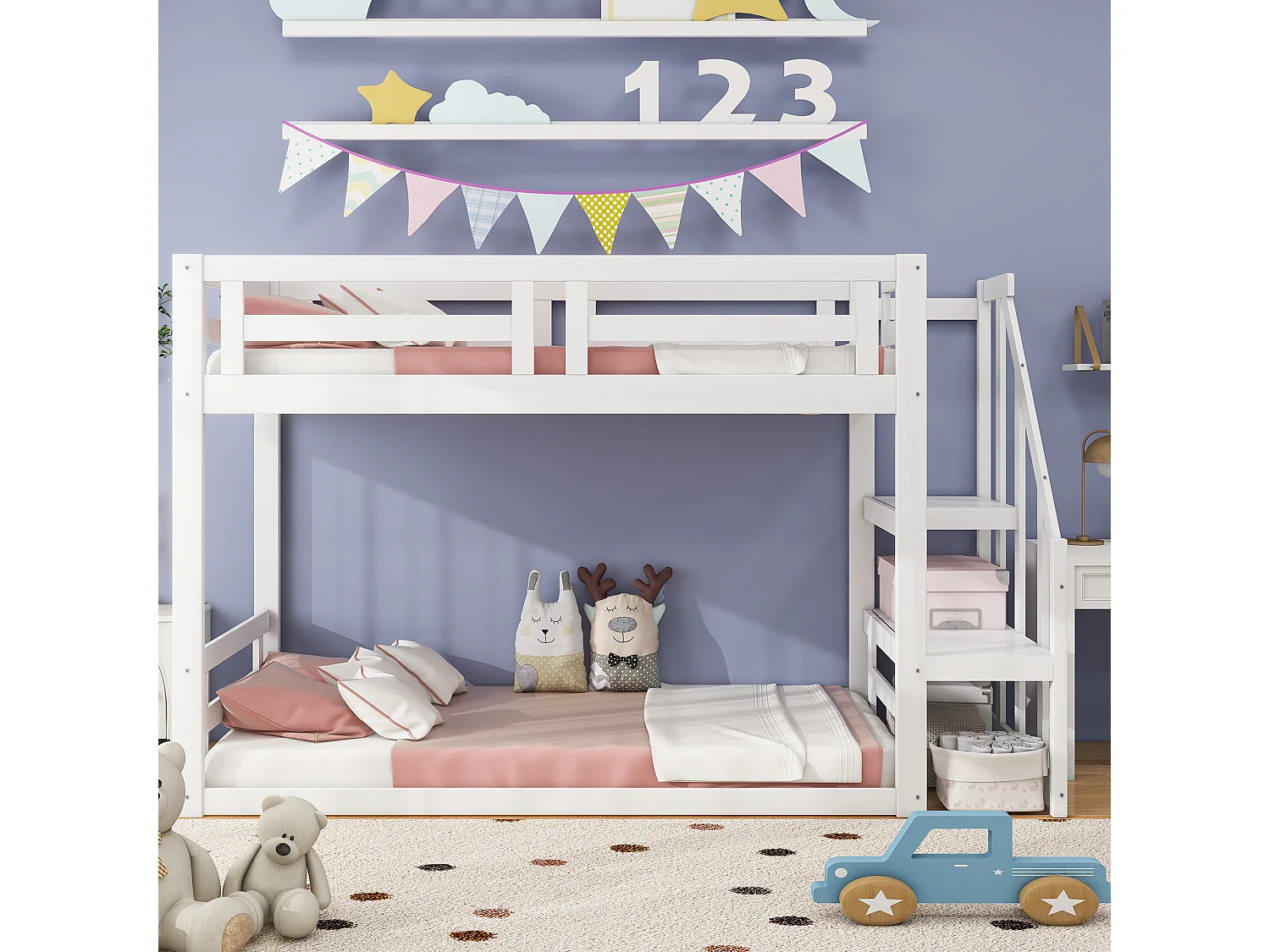 Lit superposé 90x200 cm lit enfant 2  places avec escalier et sommier à lattes - bois massif - blanc - sans matelas