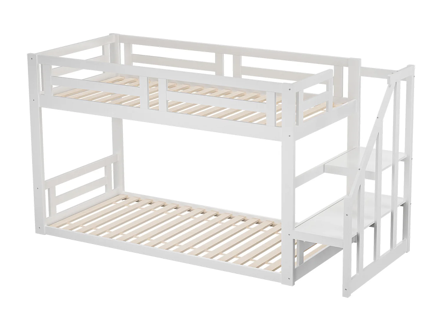 Lit superposé 90x200 cm lit enfant 2  places avec escalier et sommier à lattes - bois massif - blanc - sans matelas