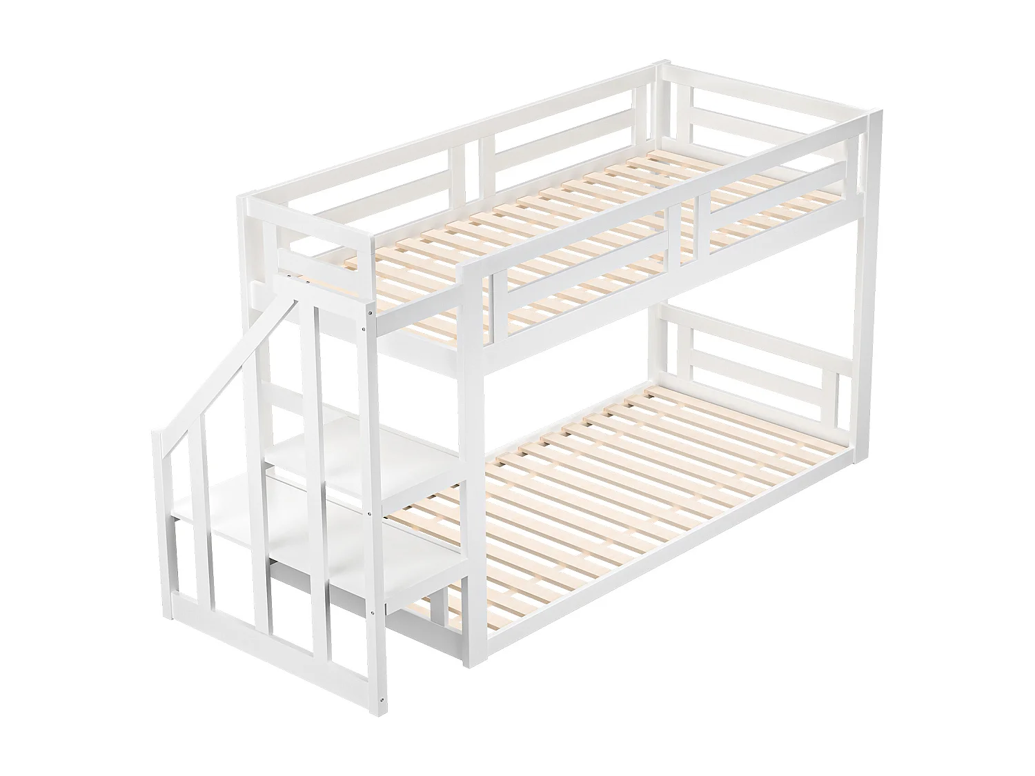 Lit superposé 90x200 cm lit enfant 2  places avec escalier et sommier à lattes - bois massif - blanc - sans matelas
