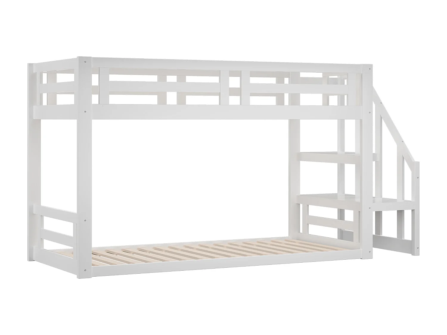 Lit superposé 90x200 cm lit enfant 2  places avec escalier et sommier à lattes - bois massif - blanc - sans matelas