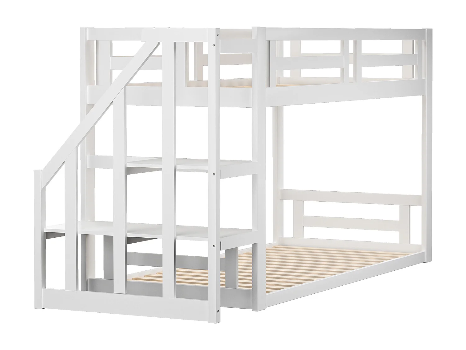 Lit superposé 90x200 cm lit enfant 2  places avec escalier et sommier à lattes - bois massif - blanc - sans matelas