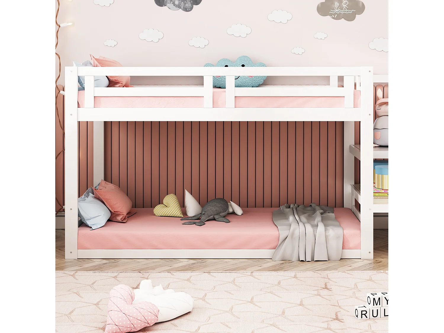 Lit superposé 90x200 cm lit enfant 2  places avec escalier et sommier à lattes - bois massif - blanc - sans matelas