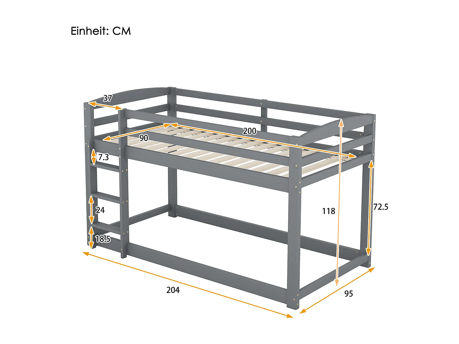 Lit superposé 90x200 cm lit enfant avec 1 sommier à lattes- bois de pin - gris - sans matelas