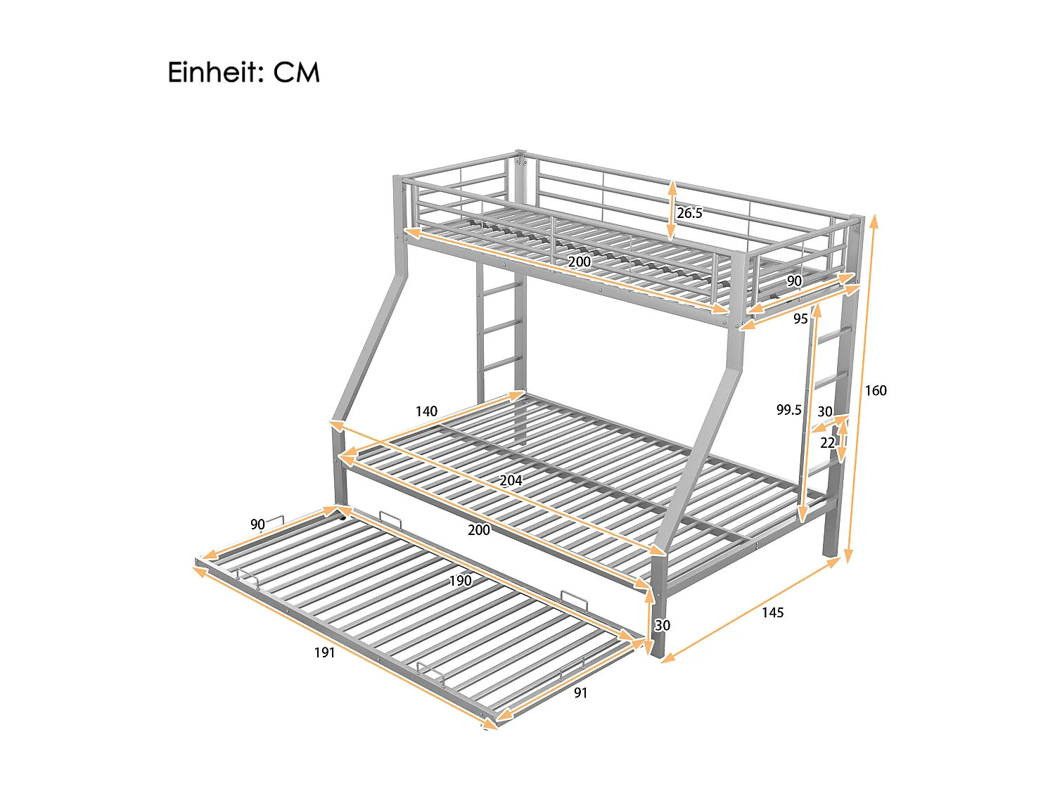 Letti a castello 90/140x200 cm con 1 letto estraibile 90x190 cm e 3 molle incluse - grigio