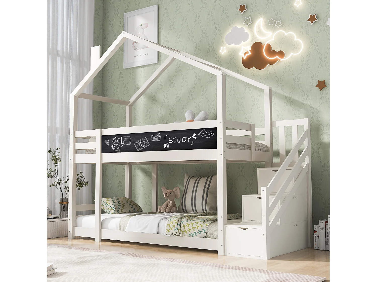 Lit superpsé 90x200 cm lit enfant 2 places avec 3 tiroirs et 1 tableau noir - bois de pin - blanc - sans matelas