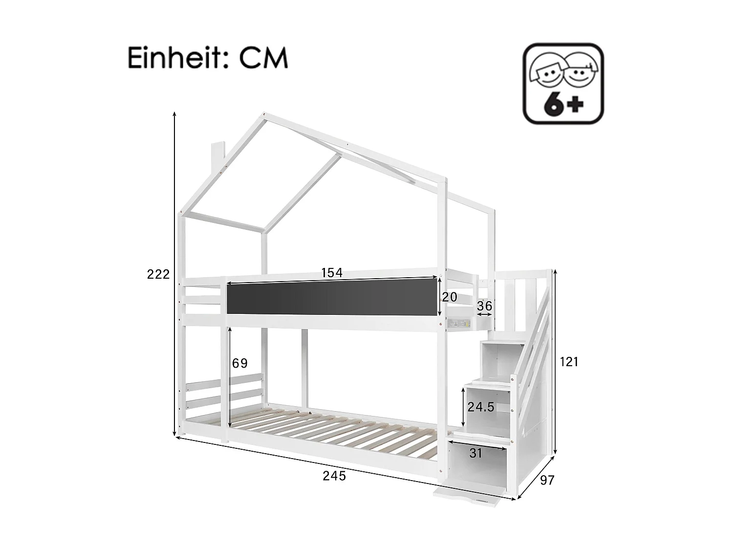 Lit superpsé 90x200 cm lit enfant 2 places avec 3 tiroirs et 1 tableau noir - bois de pin - blanc - sans matelas