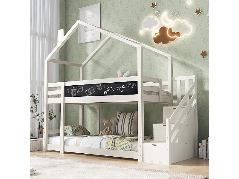 Lit superpsé 90x200 cm lit enfant 2 places avec 3 tiroirs et 1 tableau noir - bois de pin - blanc - sans matelas