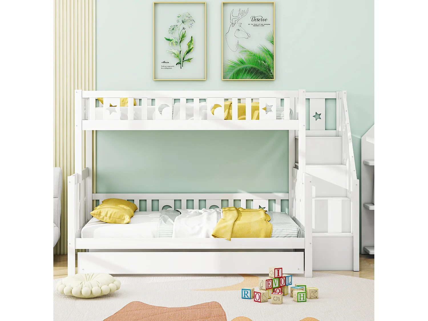 Cama infantil litera de madera maciza 90x200/140x200 cm con escalera - blanco